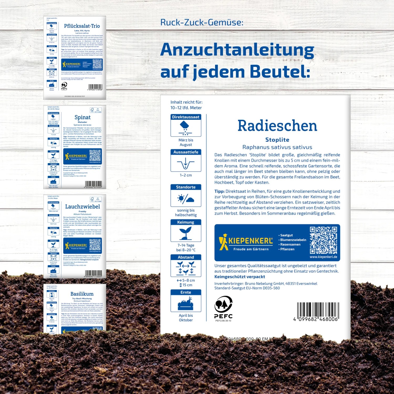 Gemüsesamen-Set 'Ruck-Zuck-Gemüse' mit Spinat, Radieschen, Basilikum und Lauchzwiebel im Beet.