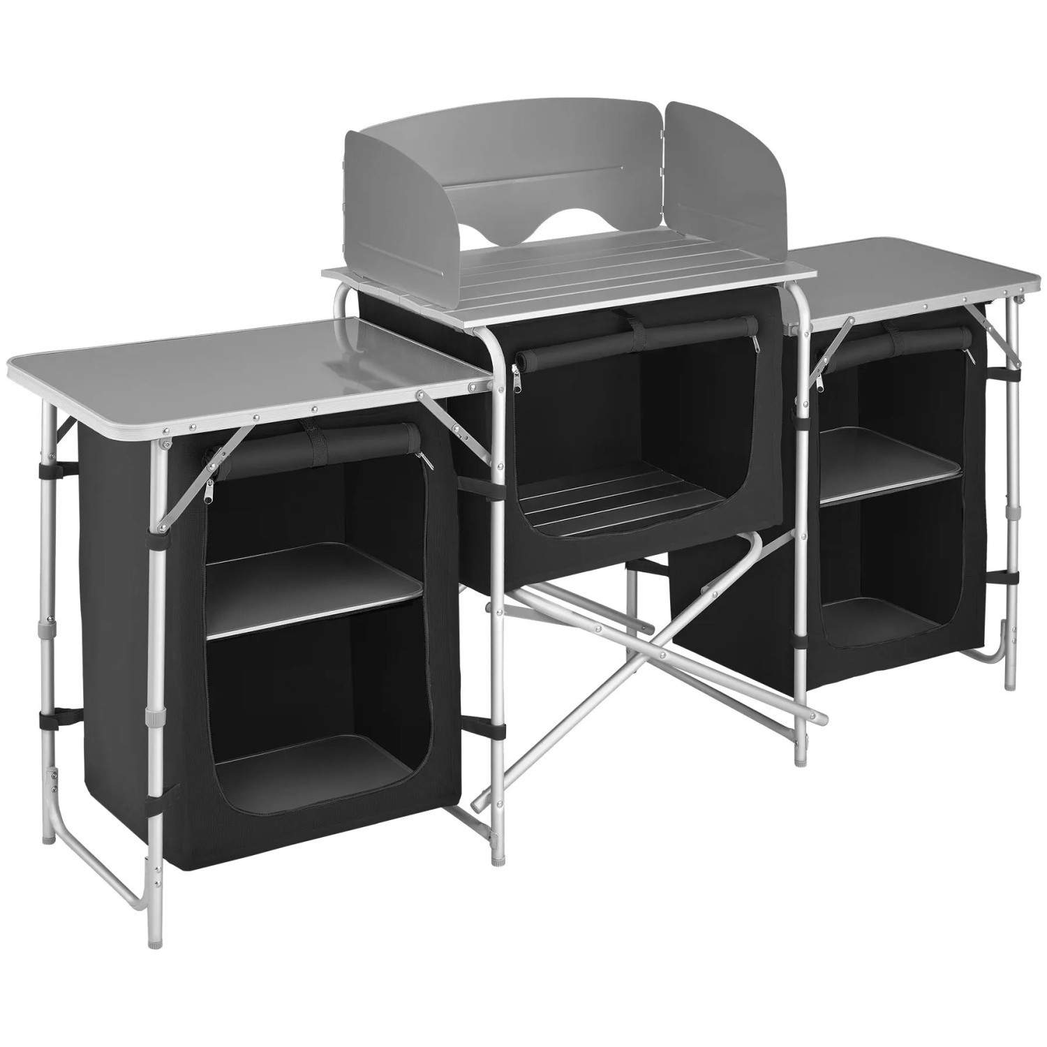 Tectake Campingküche xxl Mit Aluminiumgestell und 5 Fächern  Faltbar Wetterfest  172 x 52 x 104 cm Schwarz