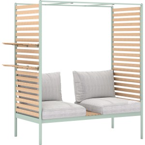 2-teiliges Lounge-Set Skipton in Mint-Beige mit Teakholz: Zweisitzer und Hocker für Balkon und Terrasse.