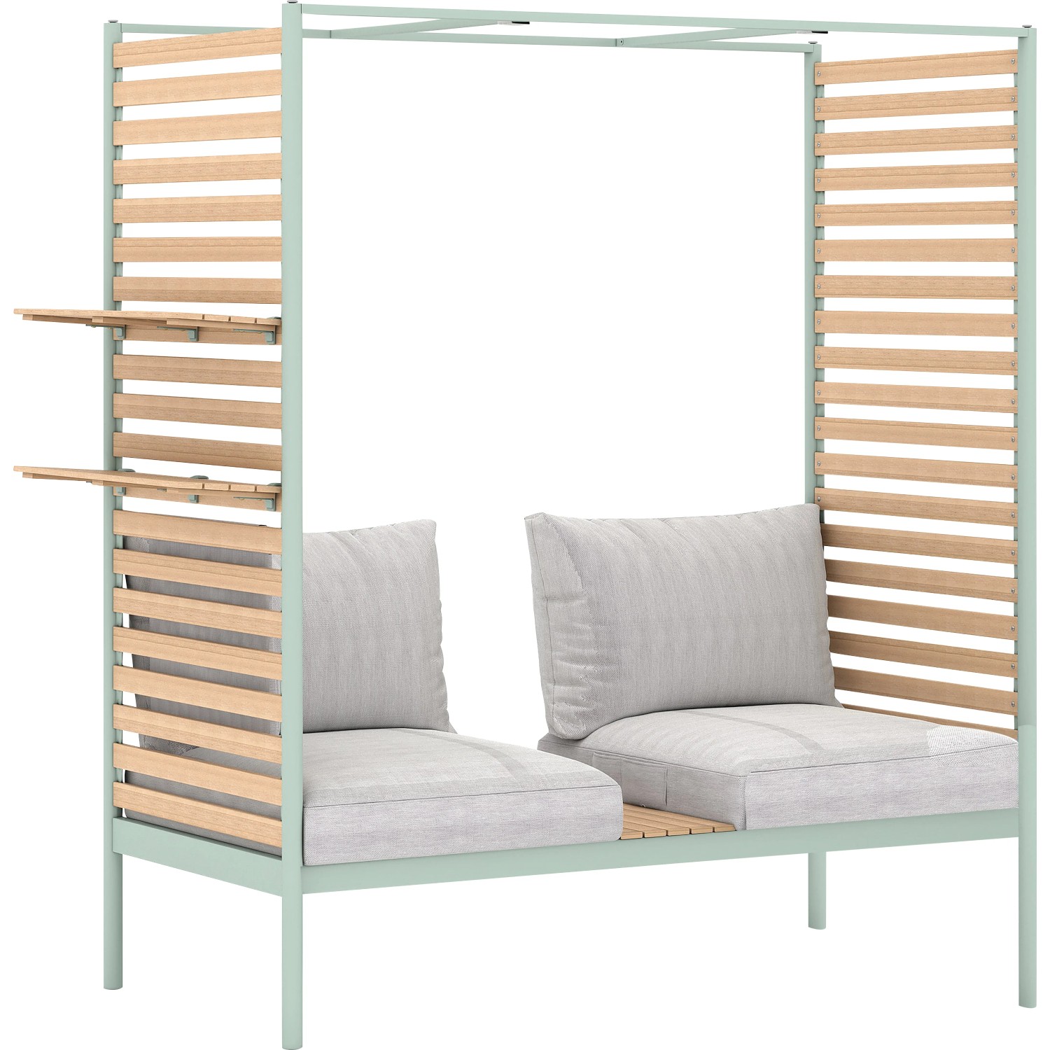 2-teiliges Lounge-Set Skipton in Mint-Beige mit Teakholz: Zweisitzer und Hocker für Balkon und Terrasse.