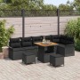 Schwarzes 9-teiliges vidaXL Garten-Sofa-Set aus Poly Rattan mit Tisch und Hockern.