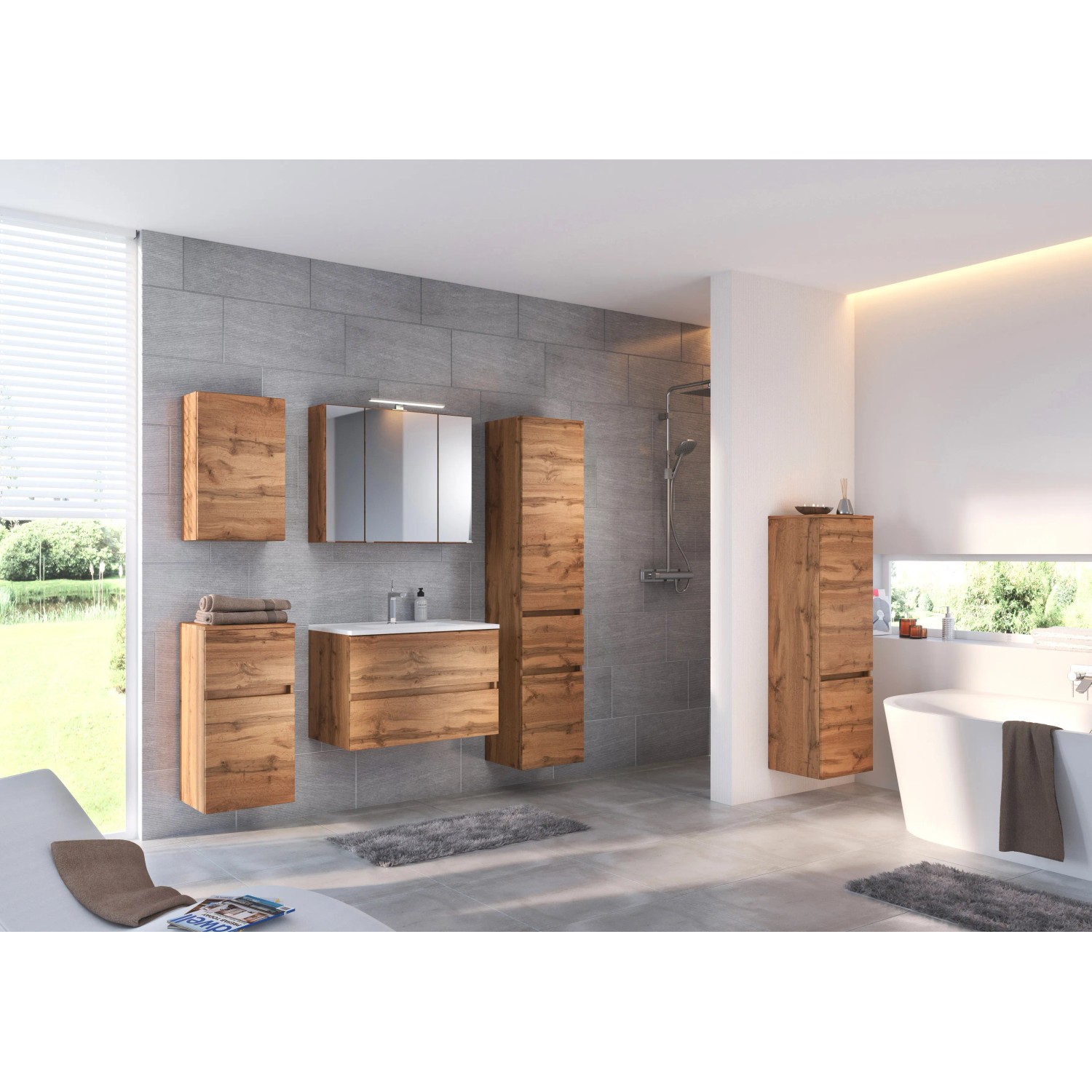 Badezimmer mit Held Möbel Einzelwaschtisch Verona 80 cm Eiche Natur Matt und weiteren Badmöbeln.