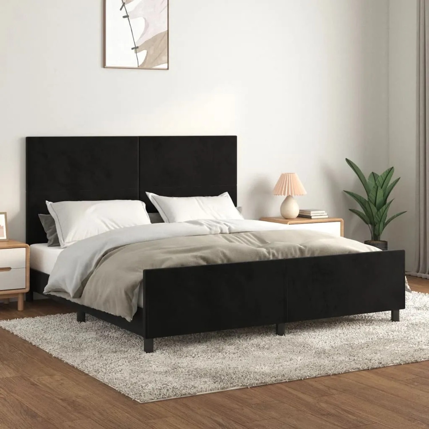 Schwarzes Samt Bettgestell (160x200 cm) mit Kopfteil für Schlafzimmer.