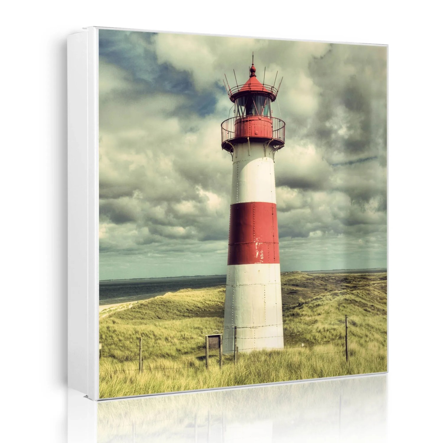 Banjado Großer Schlüsselkasten Metall 30x30cm Weiß Scharnier Links 50 Haken Beschreibbar Magnetisch Motiv Leuchtturm Sylt