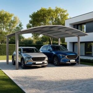 Ximax Carport Portoforte-80 M im Edelstahl-Look mit zwei geparkten Autos unter dem Carport.