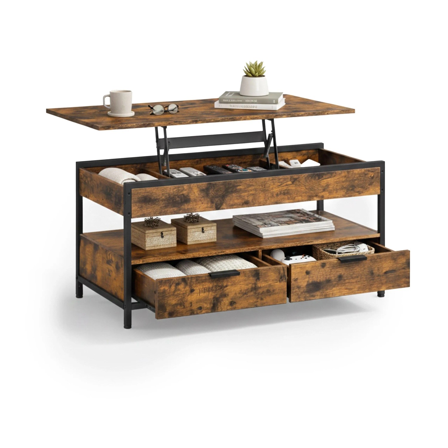 Relaxdays Couchtisch Holzwerkstoff Eisen Vintagebraun mit Stauraum Höhenverstellbar Ausklappbar 48 bis 63 cm x 100 cm x 40 cm 27 kg