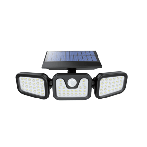 Schwarze LUXULA LED Solar Wandleuchte mit 3 Köpfen, Bewegungsmelder und Solarpanel.
