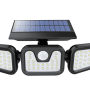 Schwarze LUXULA LED Solar Wandleuchte mit 3 Köpfen, Bewegungsmelder und Solarpanel.