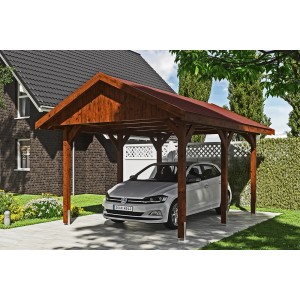 Satteldach-Carport Wallgau in Nussbaum mit roten Schindeln und Auto.