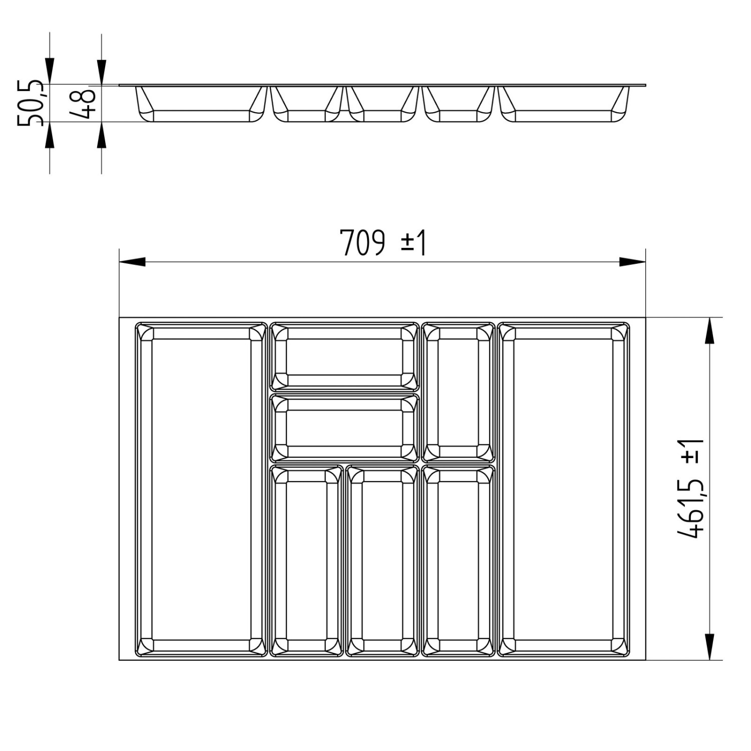 SOTECH ORGA-BOX-2 Besteckeinsatz Tiefe 462 mm Höhe 50,5 mm Für Nobilia Küchen Canvas Struktur Silbergrau Breite 709 mm_6