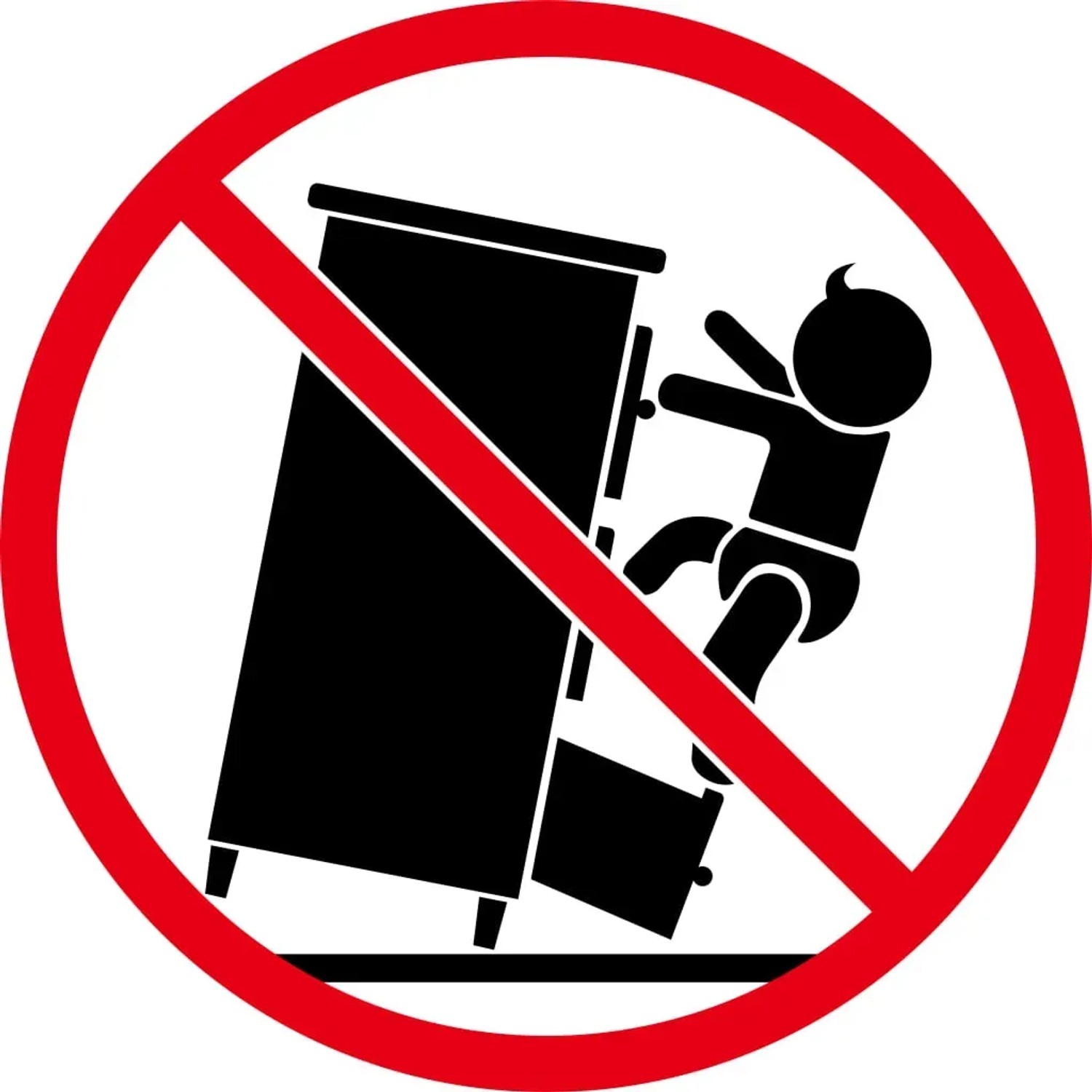 Symbol: Kippgefahr durch Schrank. Kind klettert auf Möbel, durchgestrichener Kreis.