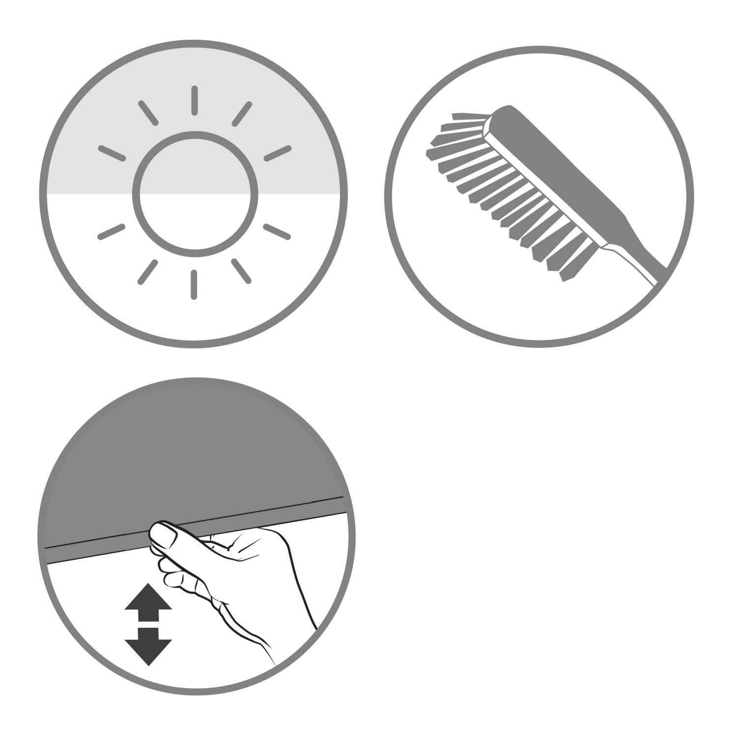 Symbole für Lichtdurchlässigkeit, Reinigung und Bedienung des weißen Gardinia Comfort Move Rollos.