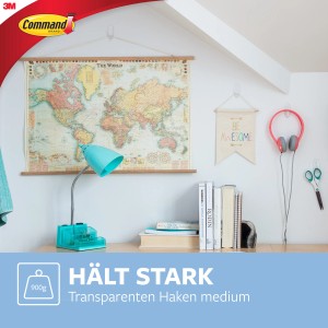 Command Haken-Set, mittelgroß, transparent, 6 Stück. Klebehaken an Wand mit Weltkarte, Kopfhörer und Deko.