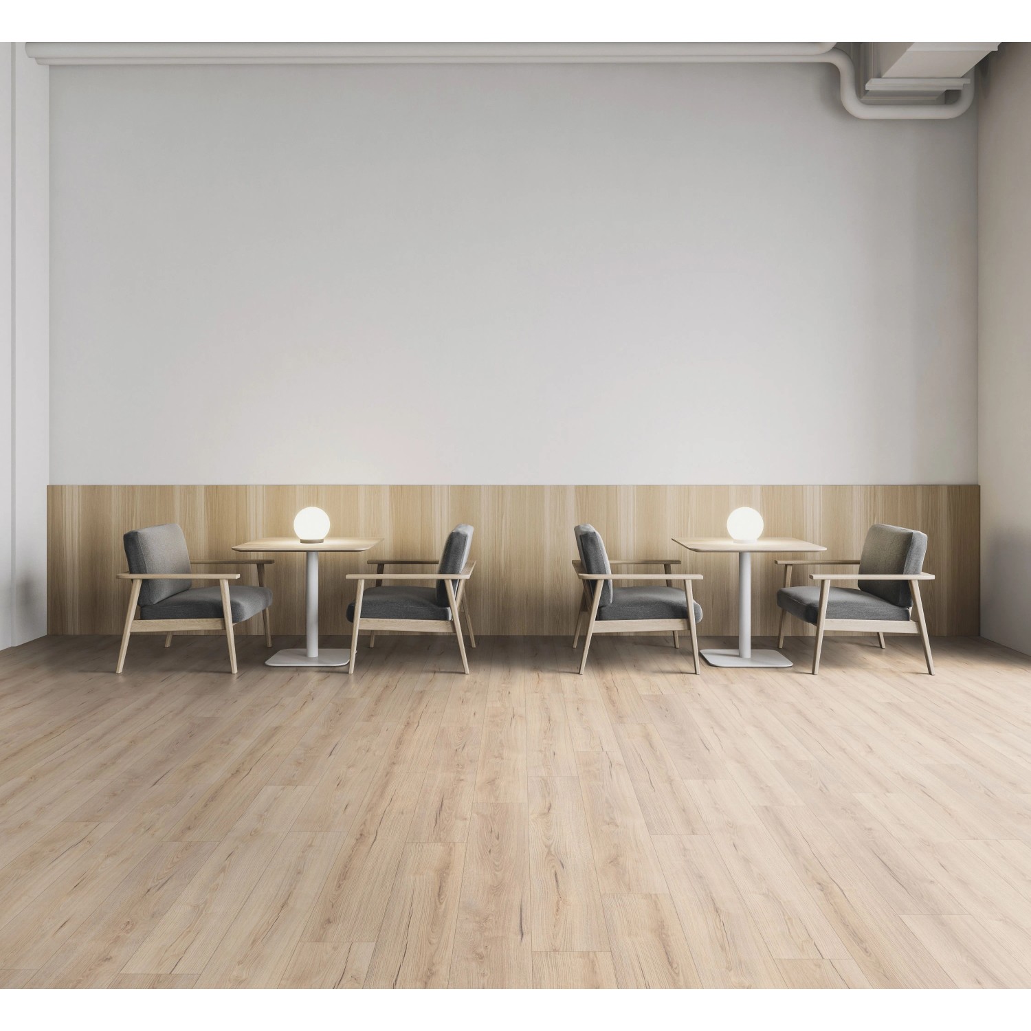 Verlegter Kaindl Poseidon Laminat Hawai Oak (7mm), wasserfest, in heller Holzoptik im Raum.