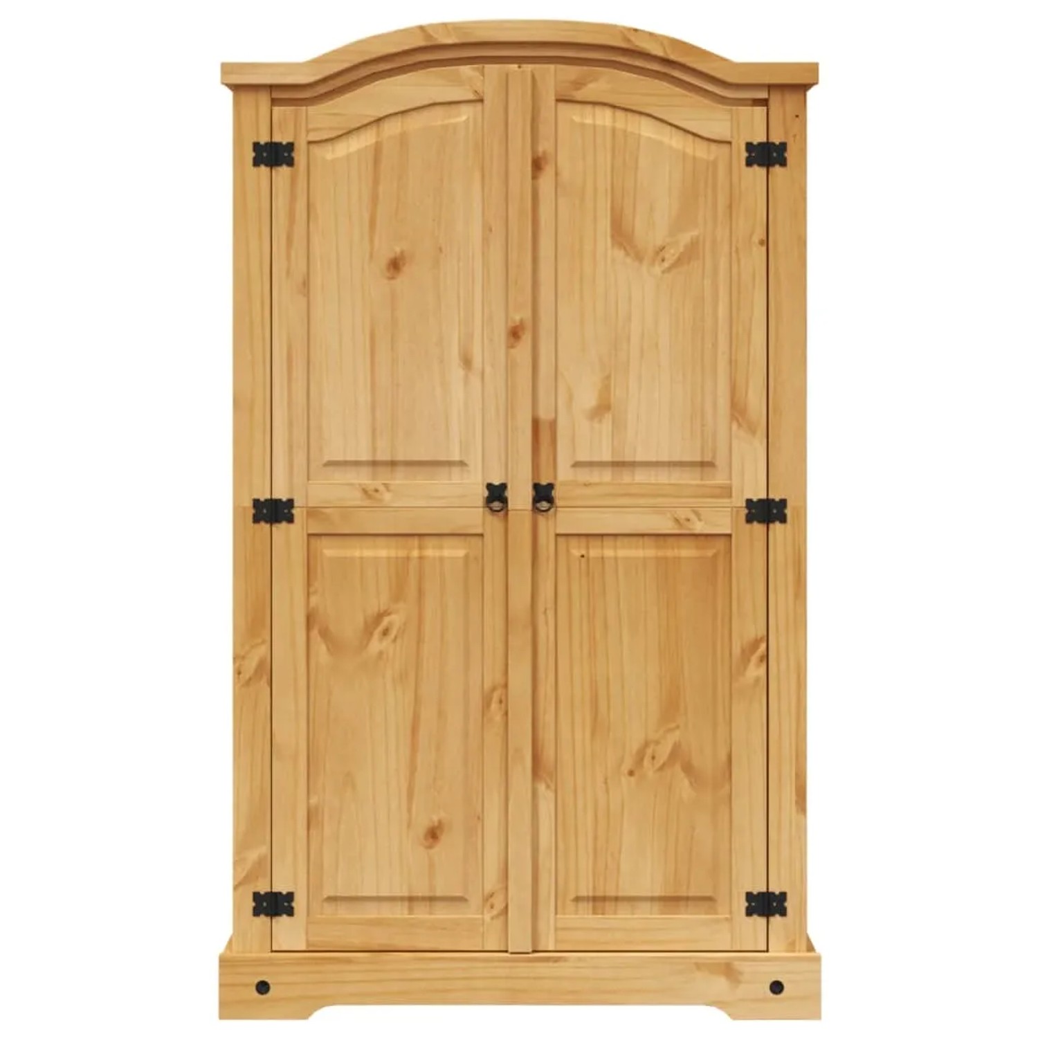 Kleiderschrank im Mexiko-Stil aus Kiefernholz mit 2 Türen und schwarzen Metalldetails.