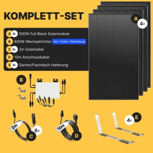 Solakon Balkonkraftwerk 2000W Solaranlage mit Gartenhalterung Steckerfertig Komplettset Photovoltaik 800W Kabellänge 5m
