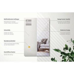 Wallfluent Rechteckiger Spiegel 60x40 cm. Zeigt technische Details wie Aufhängung und Kanten, sowie Reflexion eines modernen Wohnraums.