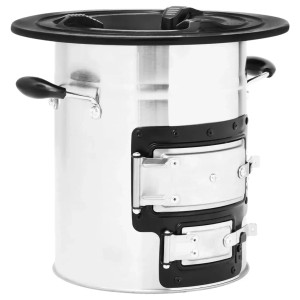 Silberner vidaXL Camping-Ofen aus Edelstahl, mit zwei Türen und seitlichen Griffen.