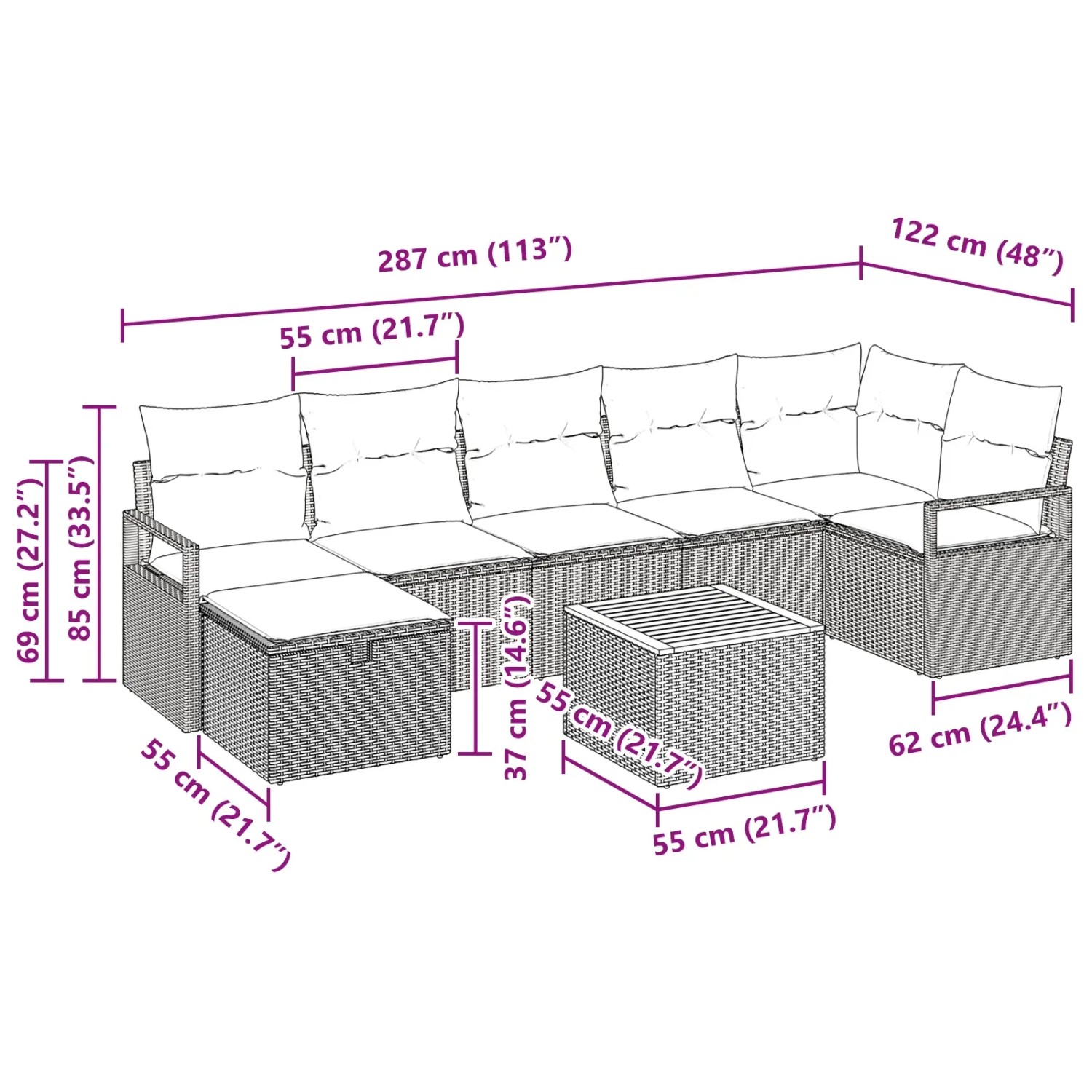 vidaXL Gartenmöbel Set, 8-teilig, schwarz, Poly Rattan, mit Maßen. Ideal für Terrasse und Garten.