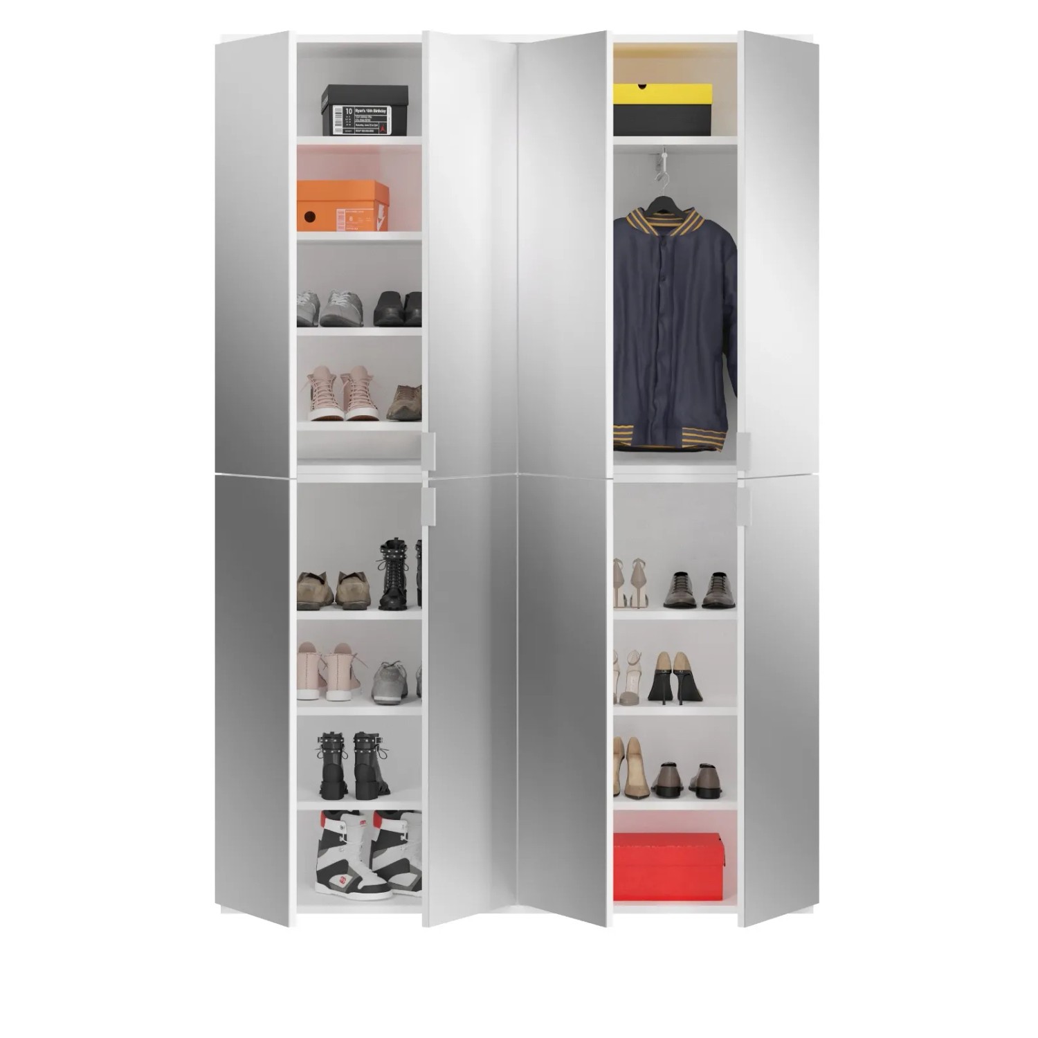 Weißer Inn.Furn Schuhschrank mit Spiegeltüren, Teil der SystemX Garderobe. Praktische Flurmöbel.