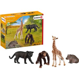 Schleich Wild Life Starter Set: Spielzeugfiguren von Giraffe, Panther, Gorilla und Nilpferd.