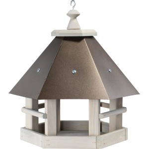 Graues Vogelhaus aus Kiefernholz mit kupferfarbenem Metalldach zum Aufhängen.