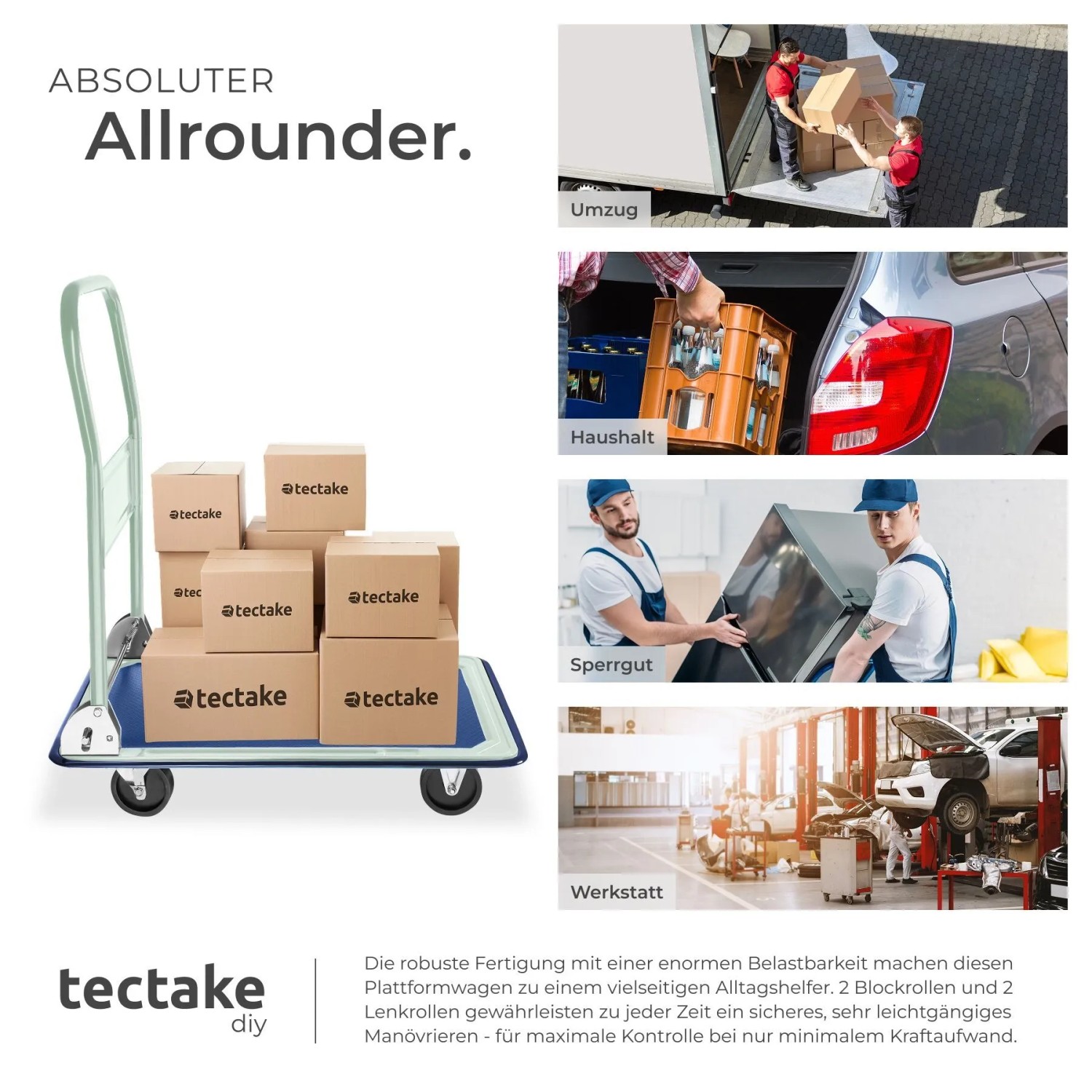 Tectake Plattformwagen, klappbar, mit Kartons beladen. Ideal für Umzug, Haushalt, Werkstatt.