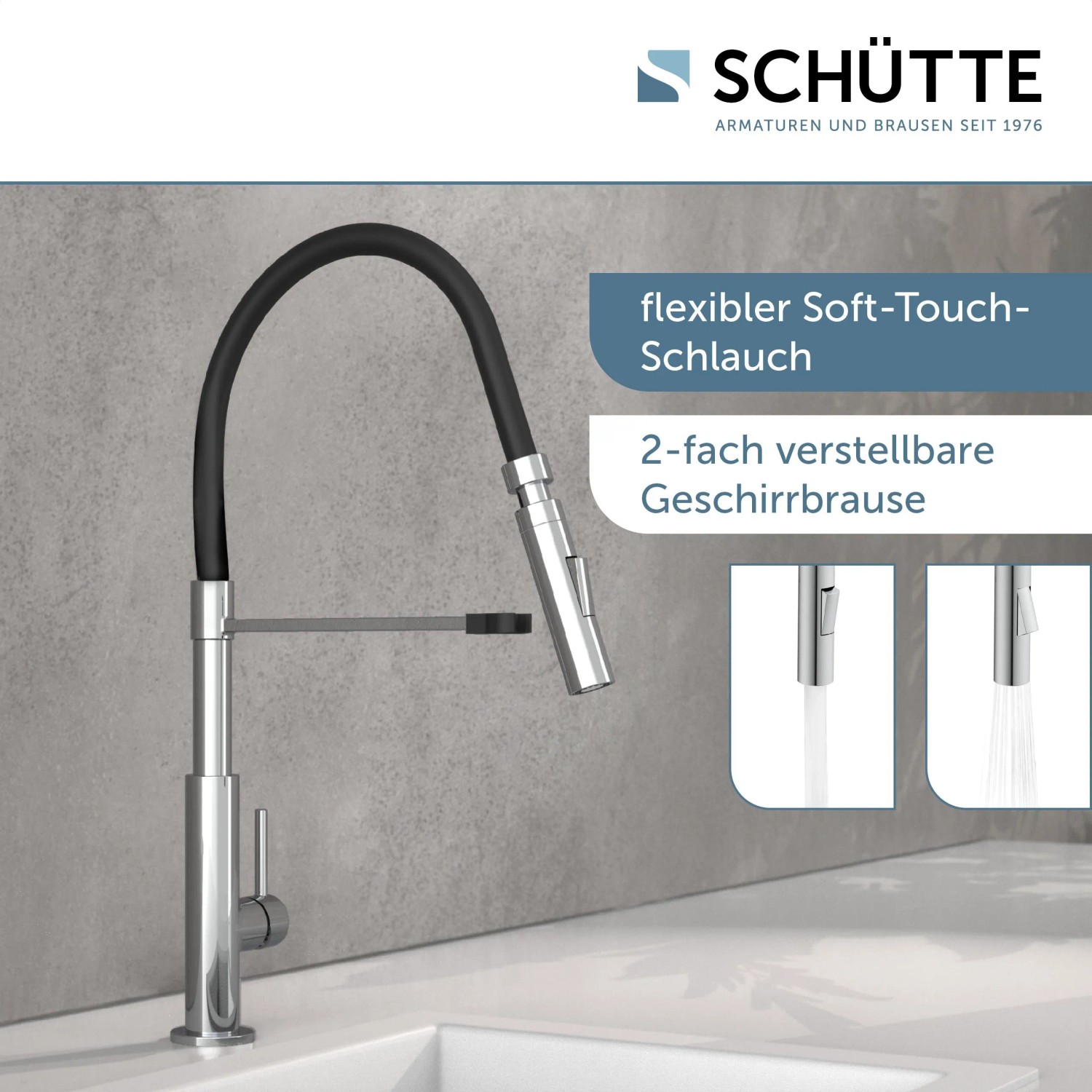 Schütte Spültischarmatur Stilo mit schwarzem Soft-Touch Schlauch und Geschirrbrause.
