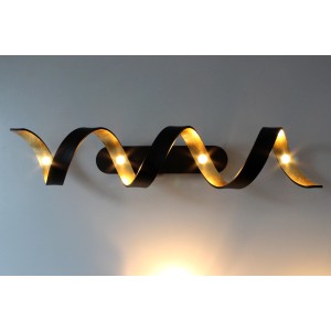 Moderne LED-Deckenleuchte Helix in Schwarz-Gold, spiralförmiges Design, warmweißes Licht.