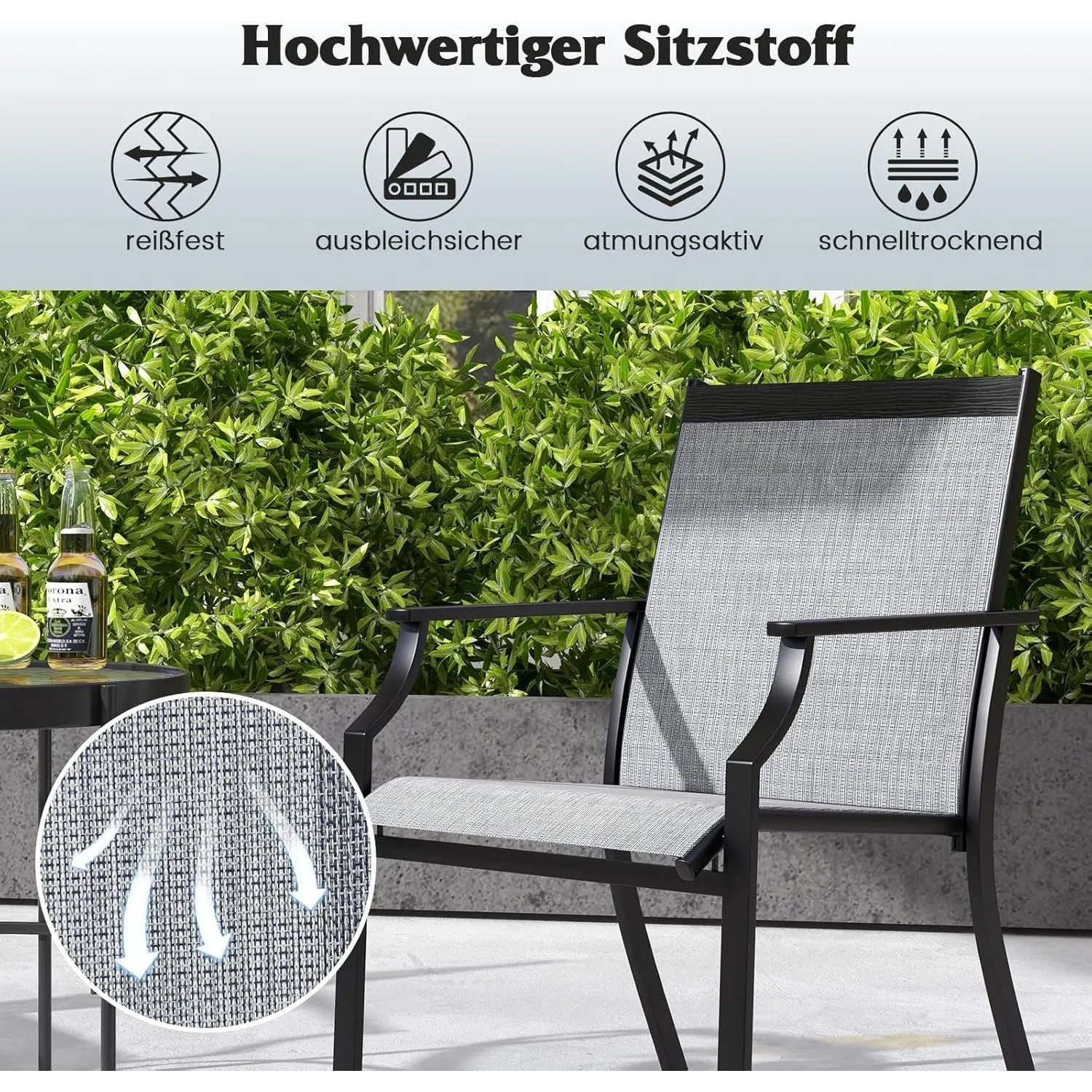 Costway 2er Set Gartenstühle, graue Terrassenstühle mit breiter Sitzfläche.