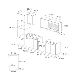 Skizze der Vicco R-Line Küchenzeile 300 cm in Edelgrau/Anthrazit mit Eiche Arbeitsplatte und Maßen.