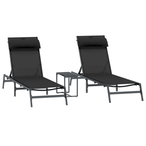 vidaXL Sonnenliegen Set, schwarz, mit Metallrahmen, Textilene und kleinem Tisch für Balkon oder Garten.