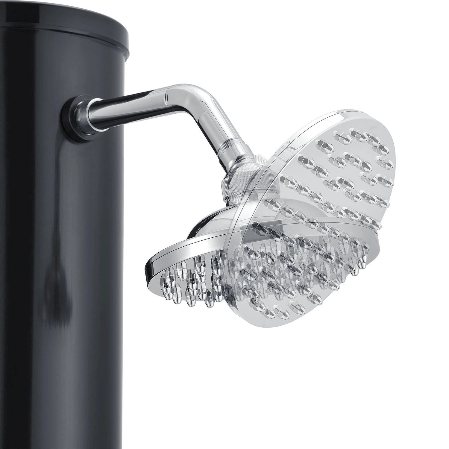 Detailaufnahme: Schwarze Juskys Solardusche Victoria mit Regenduschkopf.