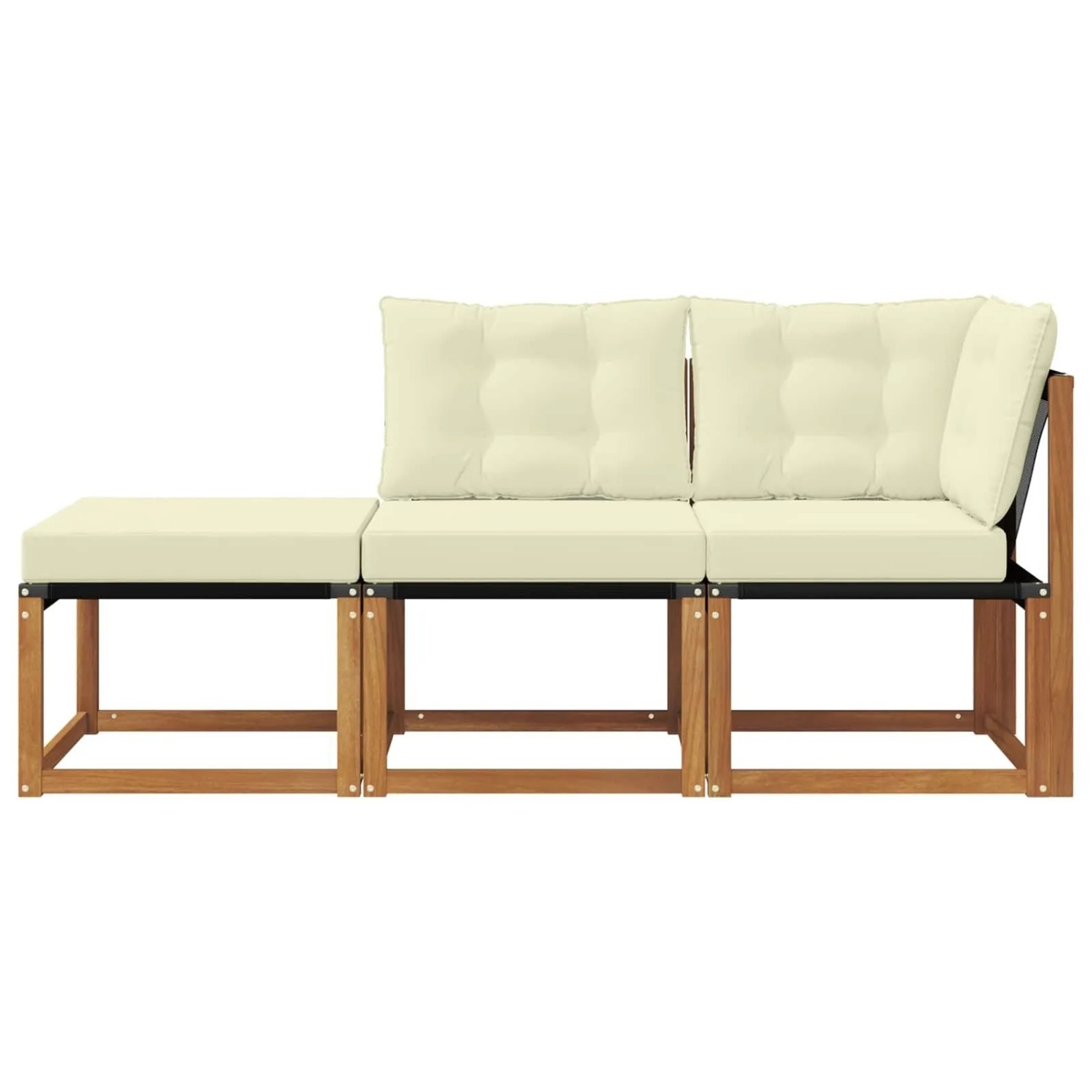Modulares vidaXL Outdoor-Sofa-Set: Fußhocker, Mittel- & Eckteil aus Akazie mit cremefarbenen Kissen.