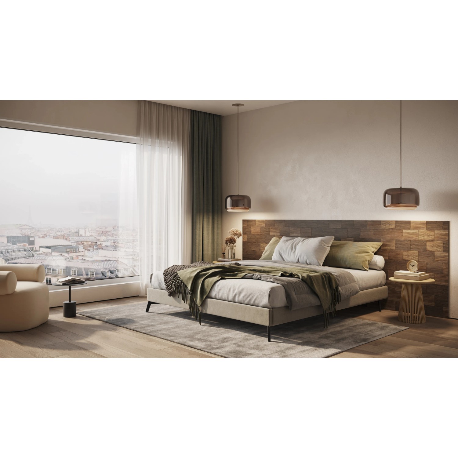 Schlafzimmer mit braunem Rebel of Styles Holzverblender UltraWood Big Square als Kopfteil.
