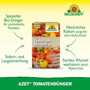 Neudorff Azet Tomatendünger 1 kg Packung mit Tomatenabbildung. Bio-Dünger für aromatische Tomaten.