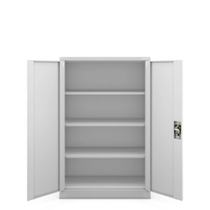 Geöffneter, grauer JAN NOWAK Büroschrank KEVIN mit 3 Einlegeböden. Aktenschrank aus Stahl.