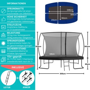 Zero Gravity Trampolin Outdoor 305x213cm TÜV GS Smartes Klappnetz mit Leiter und Bodenanker