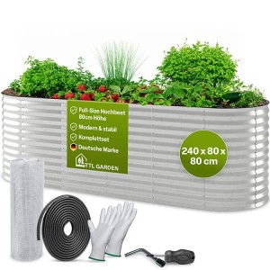 TTL GARDEN Ovales Garten-Hochbeet SPIRIT L 240×80×80 cm – Großes Metall Hochbeet Verzinkt in Silber für Garten & Terrasse