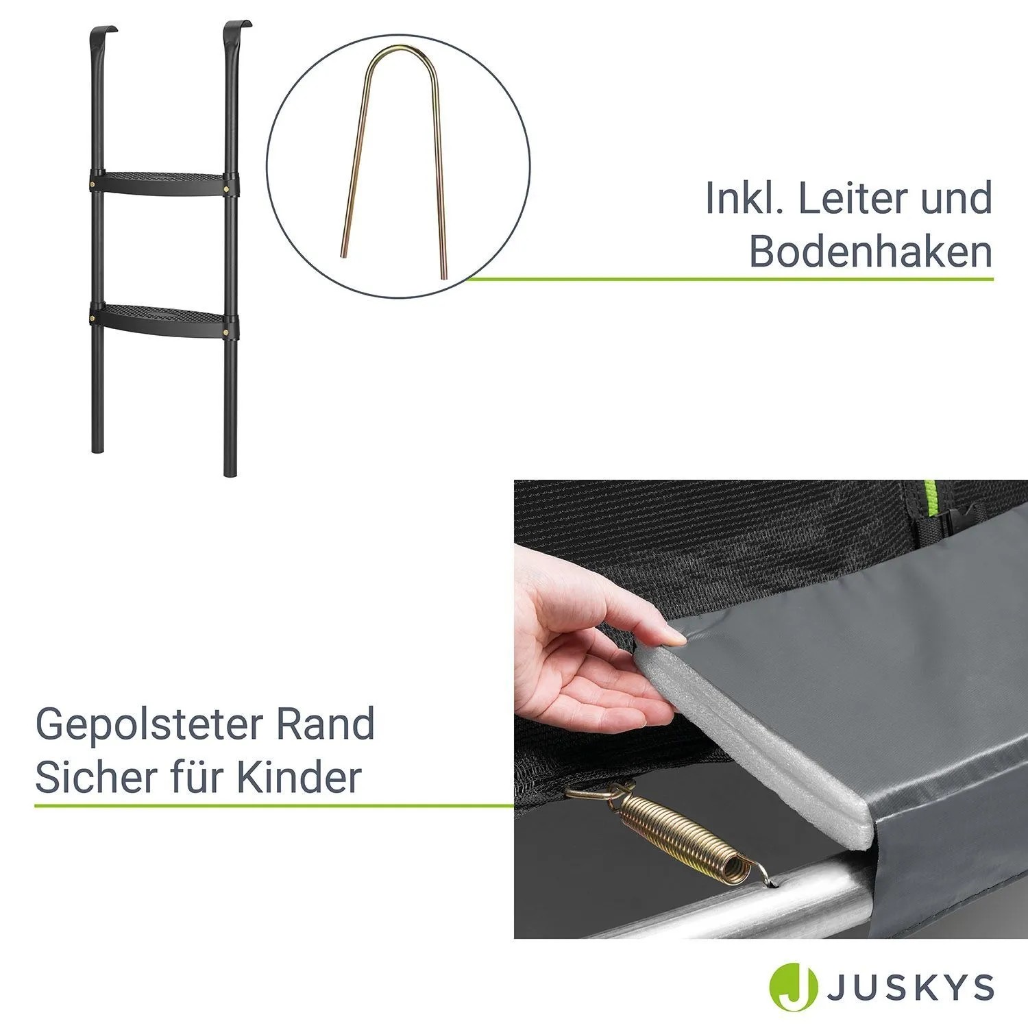 Zubehör für Juskys Trampolin SkyBounce: Leiter, Bodenhaken und gepolsterter Rand für Gartentrampolin.