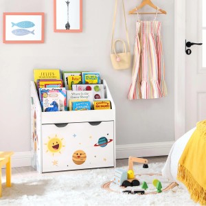 Weißes Songmics Spielzeugregal mit 3 Fächern und Weltraum-Motiven im Kinderzimmer.