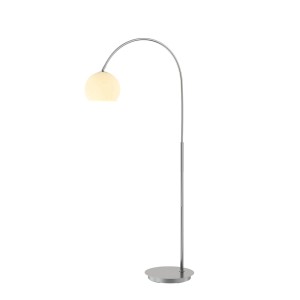 Moderne Lindby Bogenleuchte Cynthia aus Alu mit Glas-Schirm für Wohnzimmer.