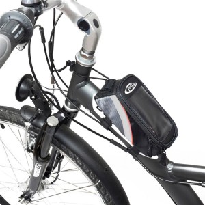 Tectake Fahrradtasche am Rahmen befestigt, schwarz-grau-rot, mit durchsichtiger Handyhülle.