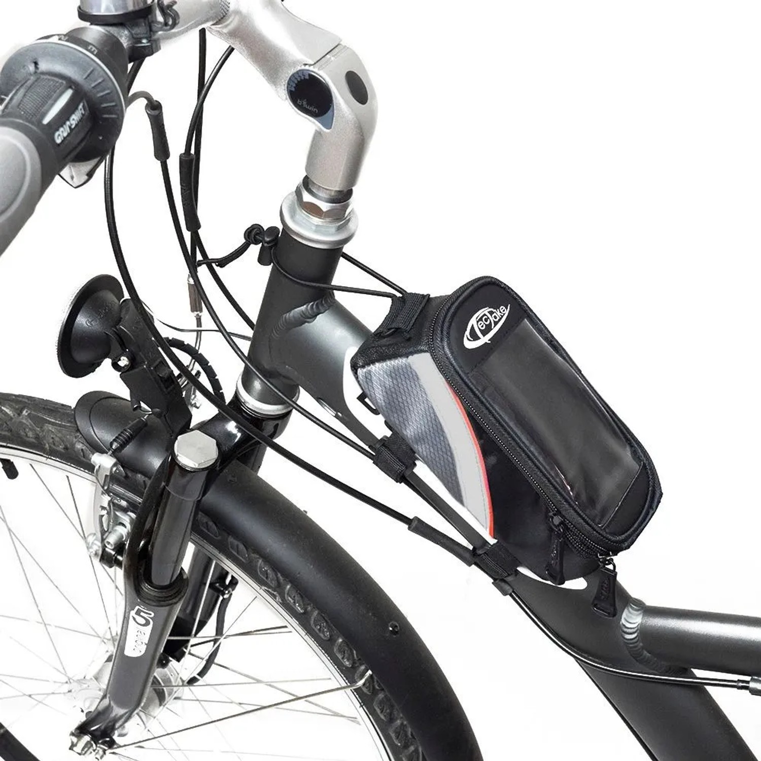 Tectake Fahrradtasche am Rahmen befestigt, schwarz-grau-rot, mit durchsichtiger Handyhülle.