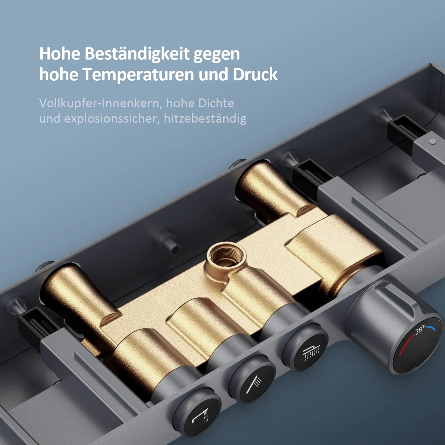 Innenansicht Emke Duschsystem Anthrazit: Thermostat, Kupferkern, hohe Beständigkeit.