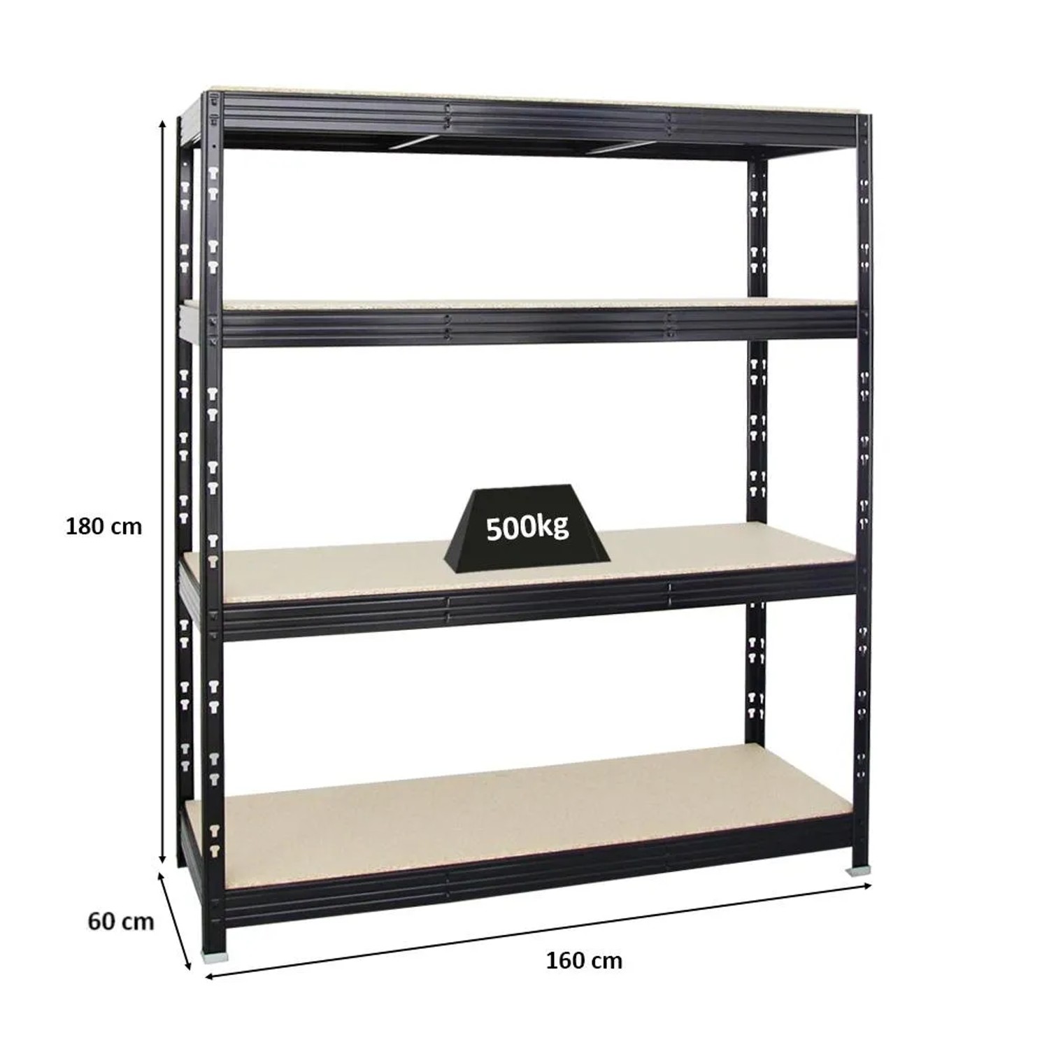 Schwarzes PROREGAL Schwerlastregal Rhino, 180x160x60cm, mit 4 Spanplatten-Ebenen und 500kg Fachlast.