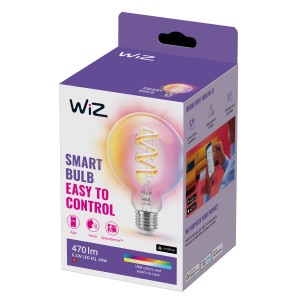 WIZ E27 LED-Lampe in Globeform, 6,3W, 470lm, auf der Verpackung abgebildet.