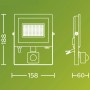 Skizze des Philips Lois LED-Außenstrahlers mit Sensor, Maße: 188x158x60 mm.