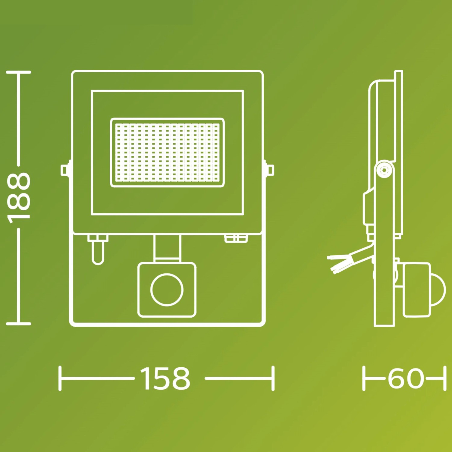 Skizze des Philips Lois LED-Außenstrahlers mit Sensor, Maße: 188x158x60 mm.