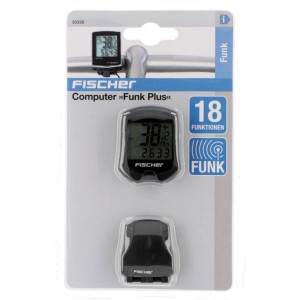 Fischer Fahrradcomputer Funk Plus mit 18 Funktionen in Verpackung.